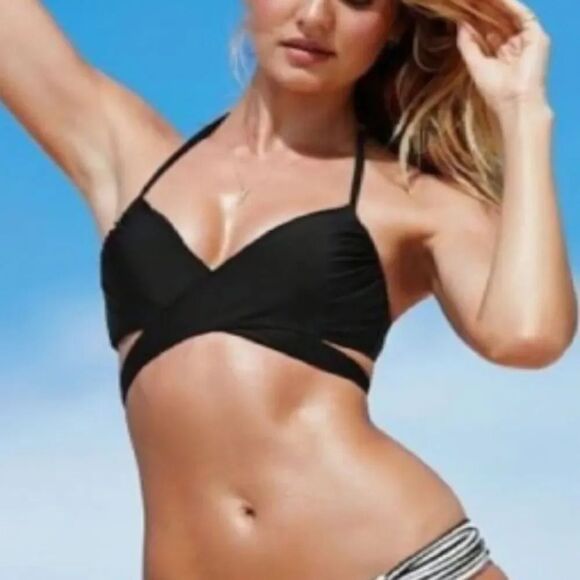 Victoria's Secret 2015 Black The Wrap Halter Bikini Swim Top Size 32C - Picture 4 of 12
